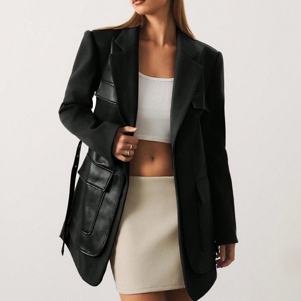 Women's Lapel Neck Long Sleeve Fabric & Faux Leather Mix Blazer Jacket Black